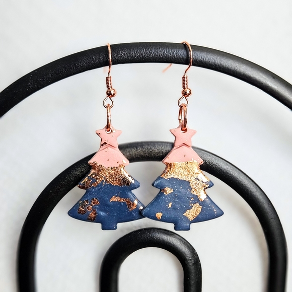 SD Handmade Polymer Clay Christmas Tree Earrings in Navy/Pink/Copper Colors - Picture 2 of 2